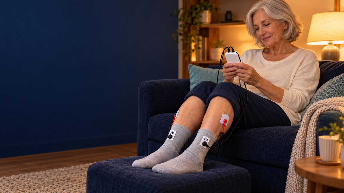 Une femme utilise ses chaussettes Nervéa et son boîtier sur un canapé, dans une ambiance du soir apaisante.
