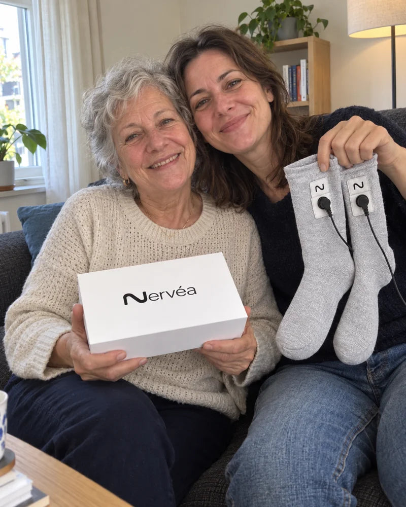 Mère et fille présentant le coffret et les chaussettes Nervéa.